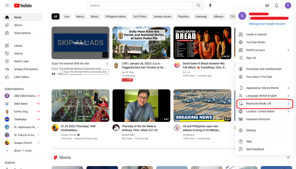 Setting Restricted Mode on YouTube